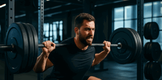 Man performing heavy barbell squat in modern gym with intense focus, illustrating strength and structure in a powerlifting program template.