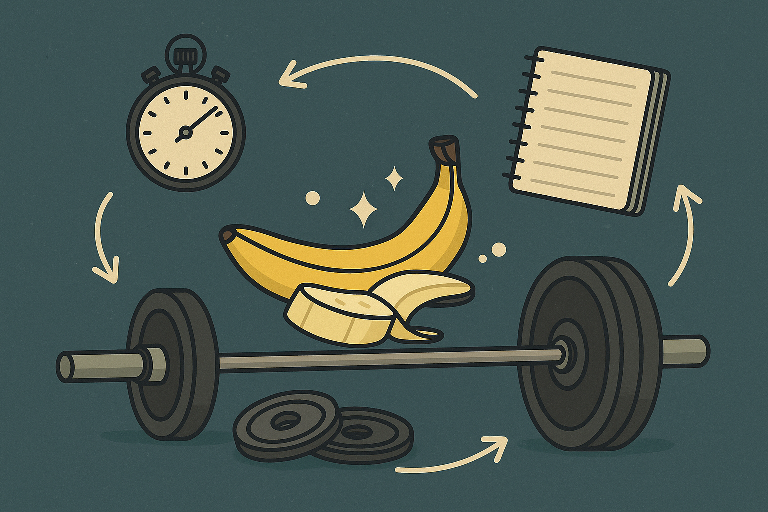 Flat-style illustration showing barbell, weight plates, stopwatch, and notebook connected by arrows, symbolizing a powerlifting program template.