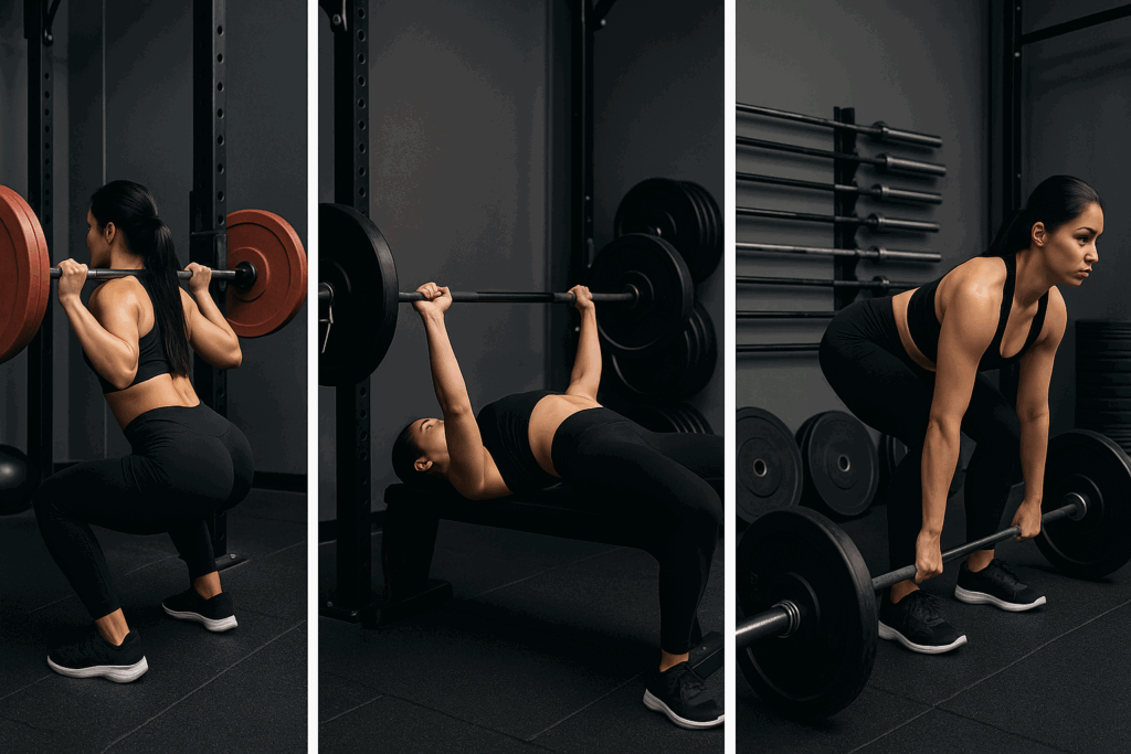 Sequence of a female athlete setting up for squat, bench press, and deadlift, illustrating core lifts in a powerlifting program template.