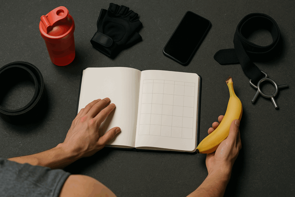 Top-down view of gym gear and notebook with calendar layout representing a structured powerlifting program template setup.