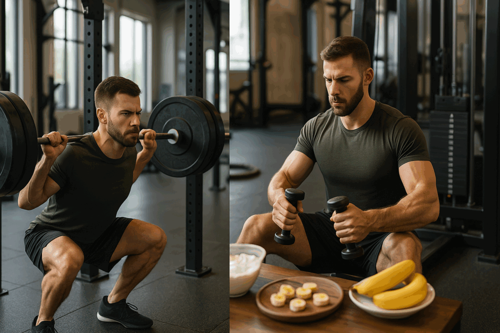 Man transitioning from heavy barbell squats to dumbbell accessory lifts, illustrating a powerlifting program template for strength and hypertrophy.