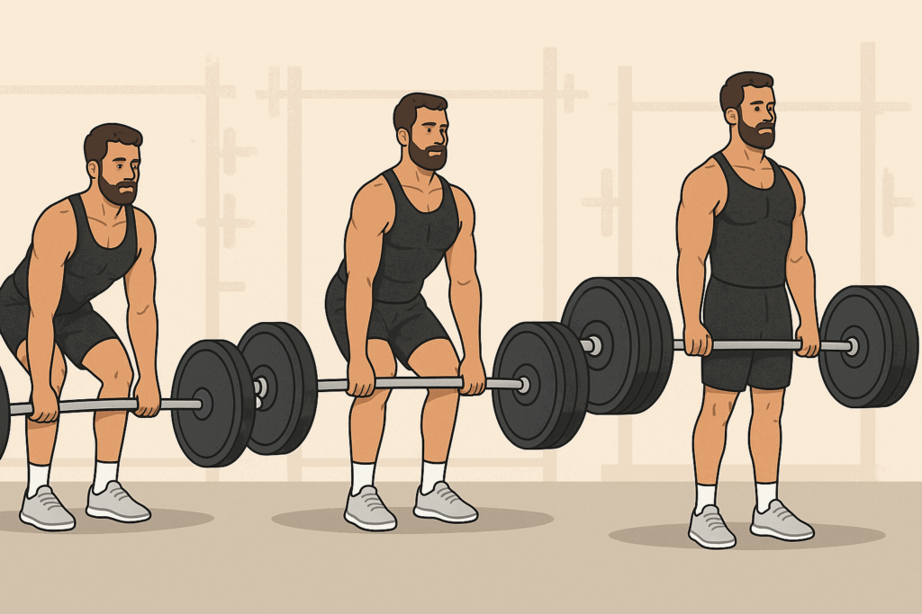 Cartoon-style sequence of a man progressing through heavier deadlifts with improved form, illustrating a powerlifting program template.