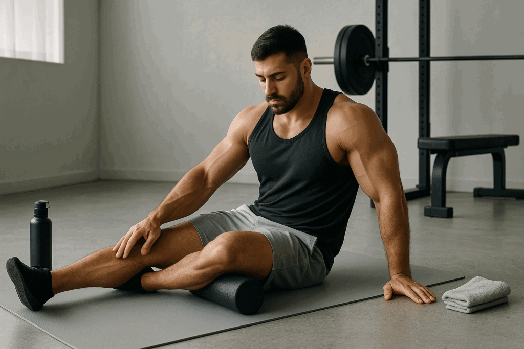 Powerlifter using a foam roller post-workout in a calm gym setting, emphasizing recovery as part of a powerlifting program template.