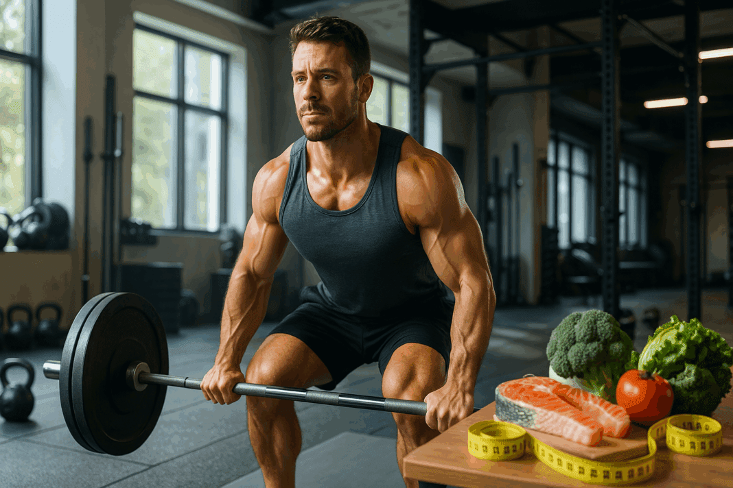 Muscular man lifting barbell in sleek gym beside kettlebells, measuring tape and produce for weight loss programs for men.