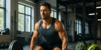 Muscular man lifting barbell in sleek gym beside kettlebells, measuring tape and produce for weight loss programs for men.