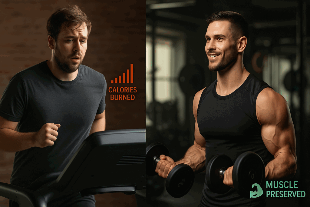 Side-by-side comparison of a tired man doing cardio and a confident man lifting weights, representing weight loss programs for men.