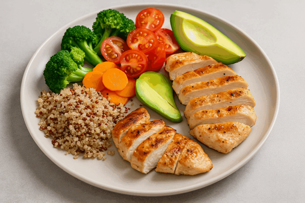 Grilled chicken, quinoa, avocado, and vegetables plated as part of balanced meals in weight loss programs for men.