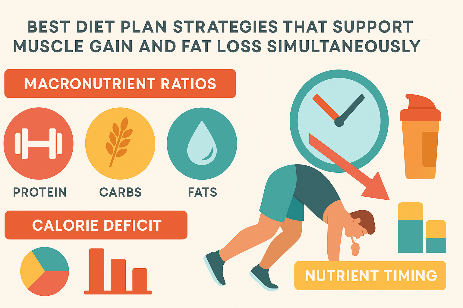 Infographic showing macronutrient ratios, calorie deficit, and nutrient timing tips used in weight loss programs for men.