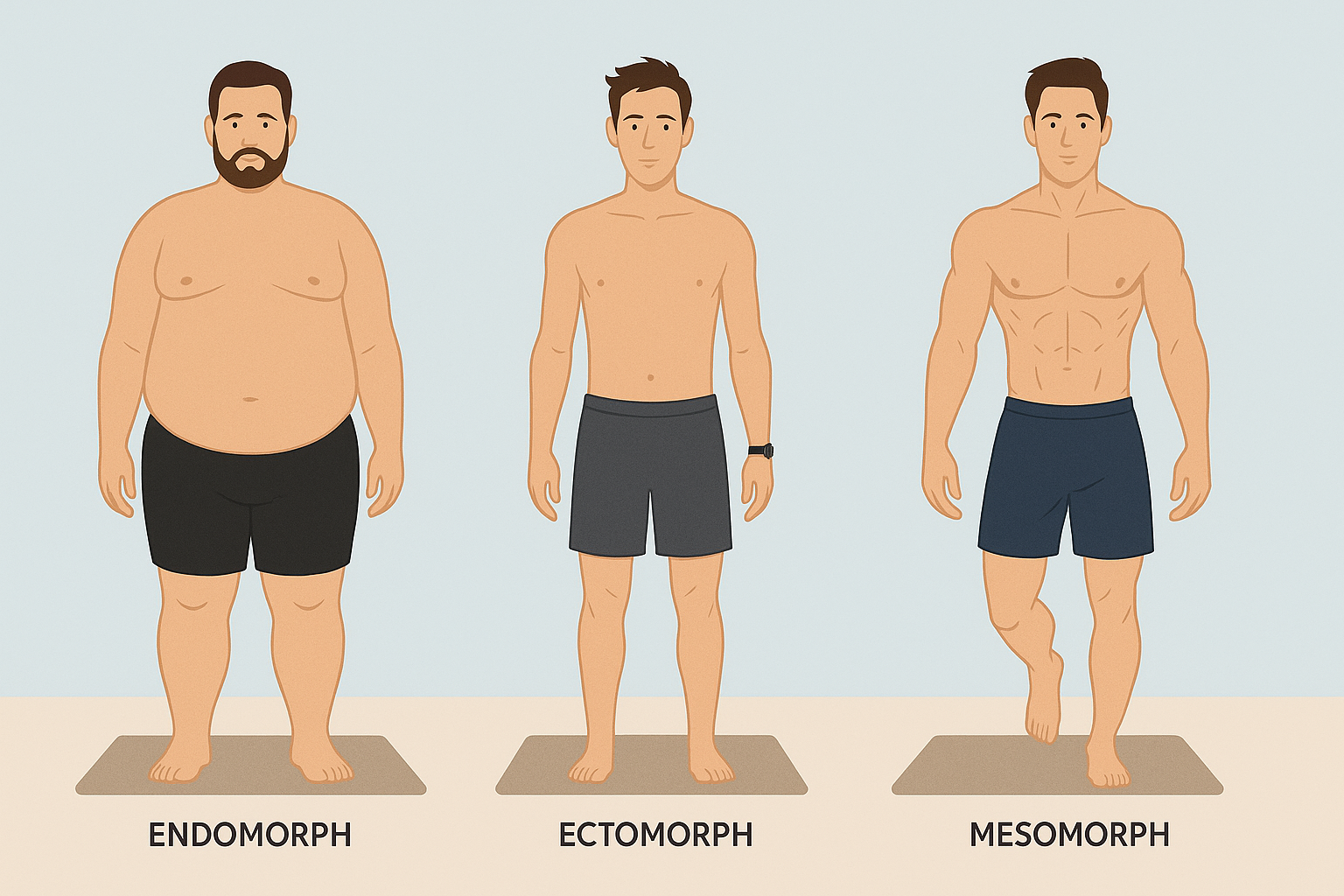 Illustration of three male body types—endomorph, ectomorph, and mesomorph—used to guide weight loss programs for men.