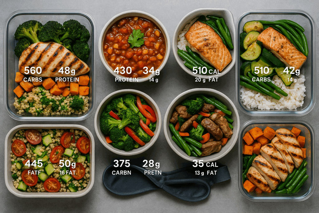 Colorful meal prep containers with high-protein dishes and balanced macros, designed for weight loss programs for men.