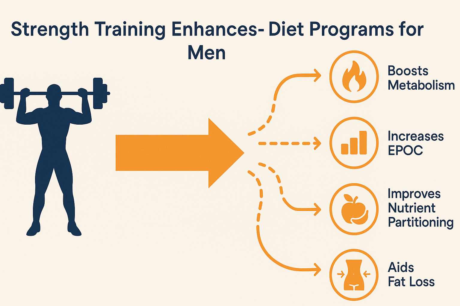 Flowchart showing how strength training supports weight loss programs for men by boosting metabolism, EPOC, nutrient use, and fat loss.