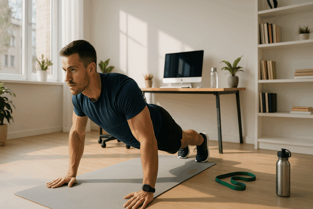Fit professional doing push-ups on a yoga mat in a home office, demonstrating home workout routines for busy professionals.