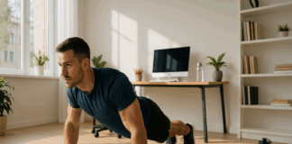 Fit professional doing push-ups on a yoga mat in a home office, demonstrating home workout routines for busy professionals.