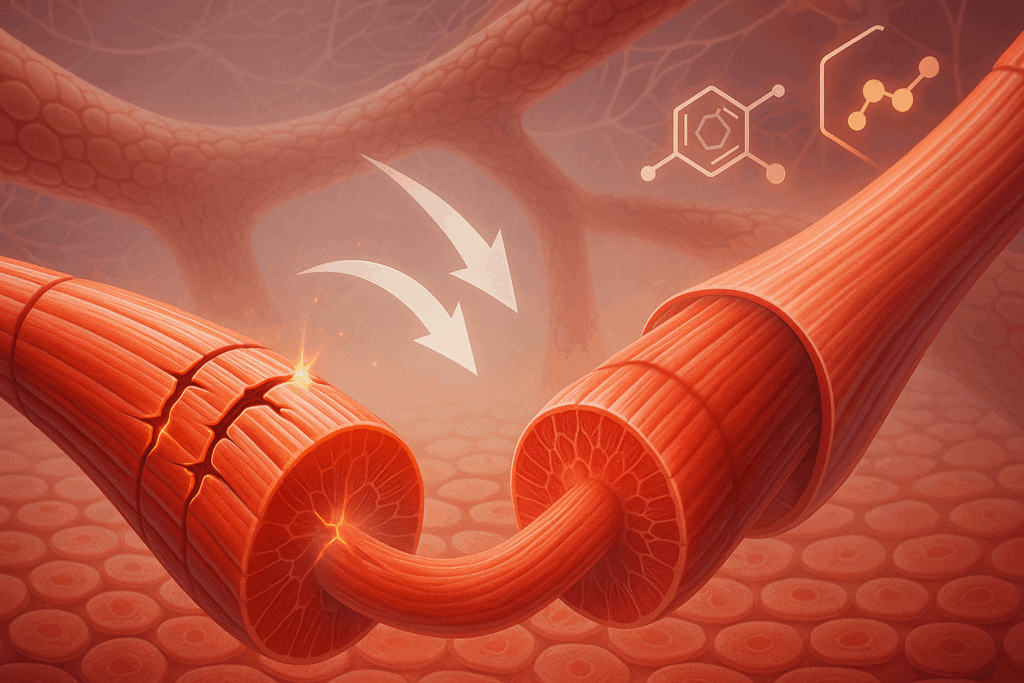 Close-up illustration of muscle fibers repairing after exercise, symbolizing strength gains from home workout routines for busy professionals.