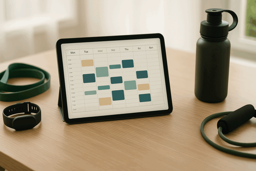 Tablet displaying a color-coded weekly fitness calendar with gear for home workout routines for busy professionals on a desk.