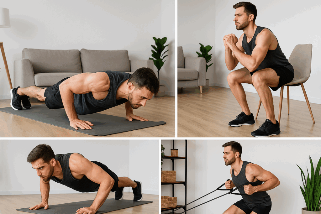 Collage of a man doing push-ups, Bulgarian split squats, and band rows in a living room for home workout routines for busy professionals.