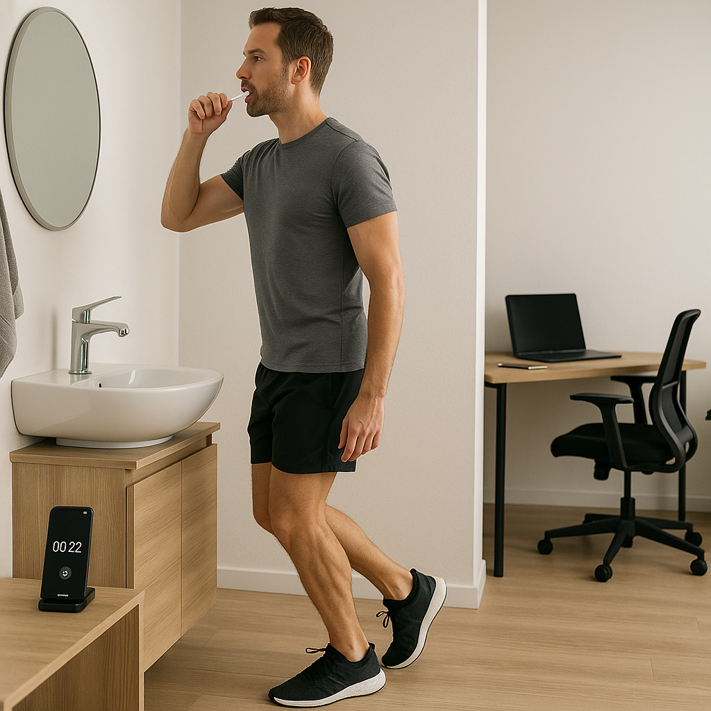 Man performing calf raises while brushing teeth in a modern home with a desk and timer, illustrating home workout routines for busy professionals.