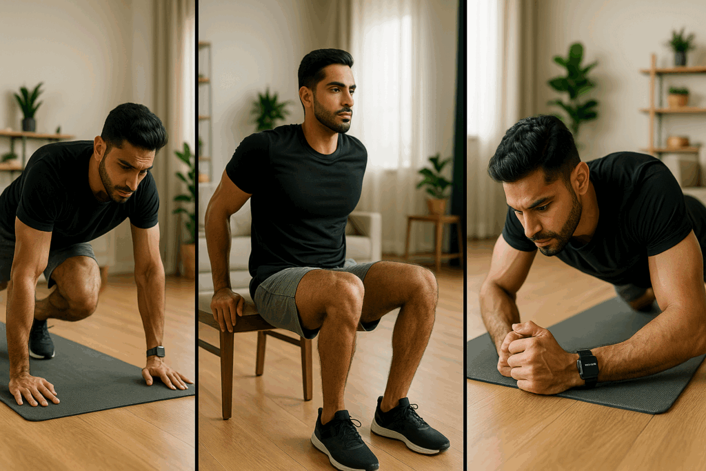 Man doing mountain climbers, chair dips, and push-ups in a bright living room, demonstrating home workout routines for busy professionals.