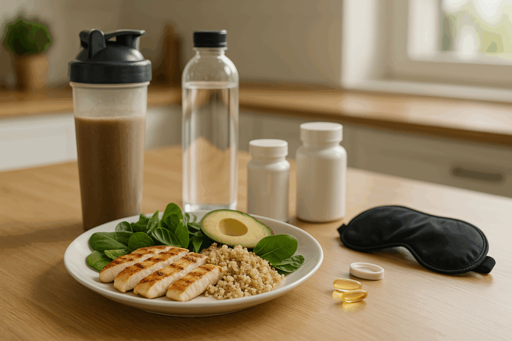 Balanced post-workout meal with grilled chicken, quinoa, avocado, and supplements, ideal for home workout routines for busy professionals.