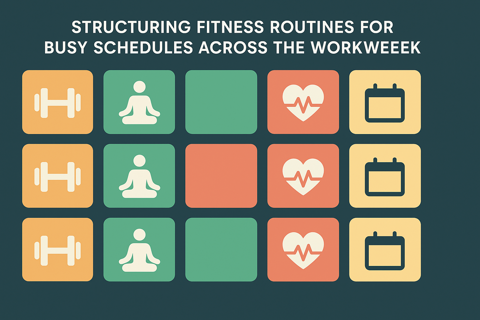 Infographic grid using icons and colors to show weekly home workout routines for busy professionals, including strength, cardio, yoga, and recovery.