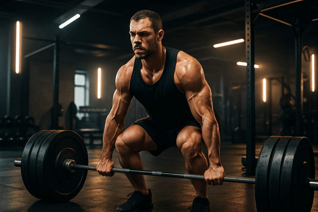 Muscular man deadlifting a heavy barbell in a modern gym, sweat glistening and intense focus, illustrating a guy exercising.