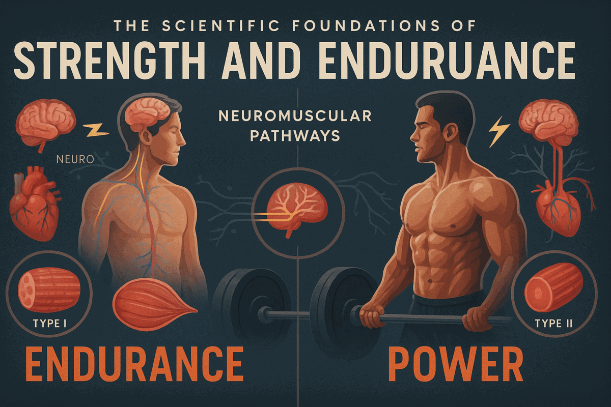 Scientific infographic comparing strength and endurance adaptations, featuring muscle fibers, cardiovascular systems, and a guy exercising.