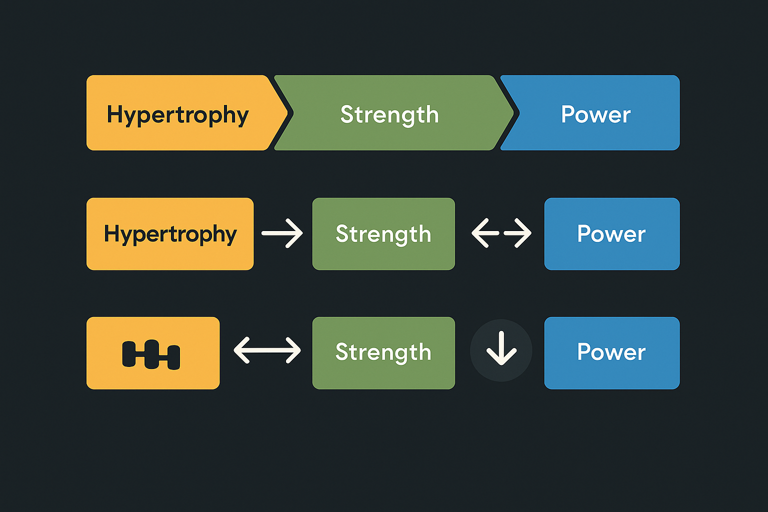 Infographic showing periodization timelines with hypertrophy, strength, and power phases tailored for a guy exercising consistently.