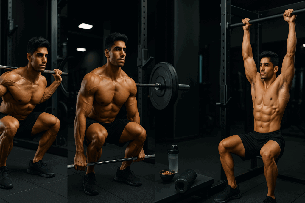 Collage of a fit guy exercising with compound lifts including squat, deadlift, bench press, and pull-up in a modern gym.