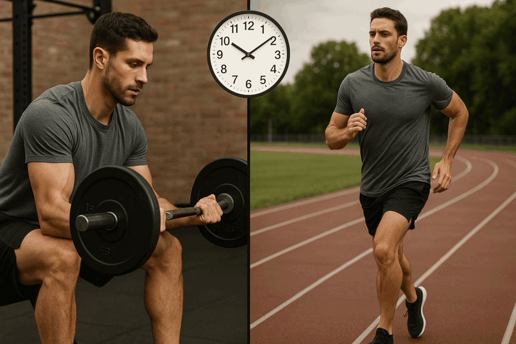 Guy exercising with a barbell in a gym on the left and running on a track on the right, illustrating a balanced fitness routine.