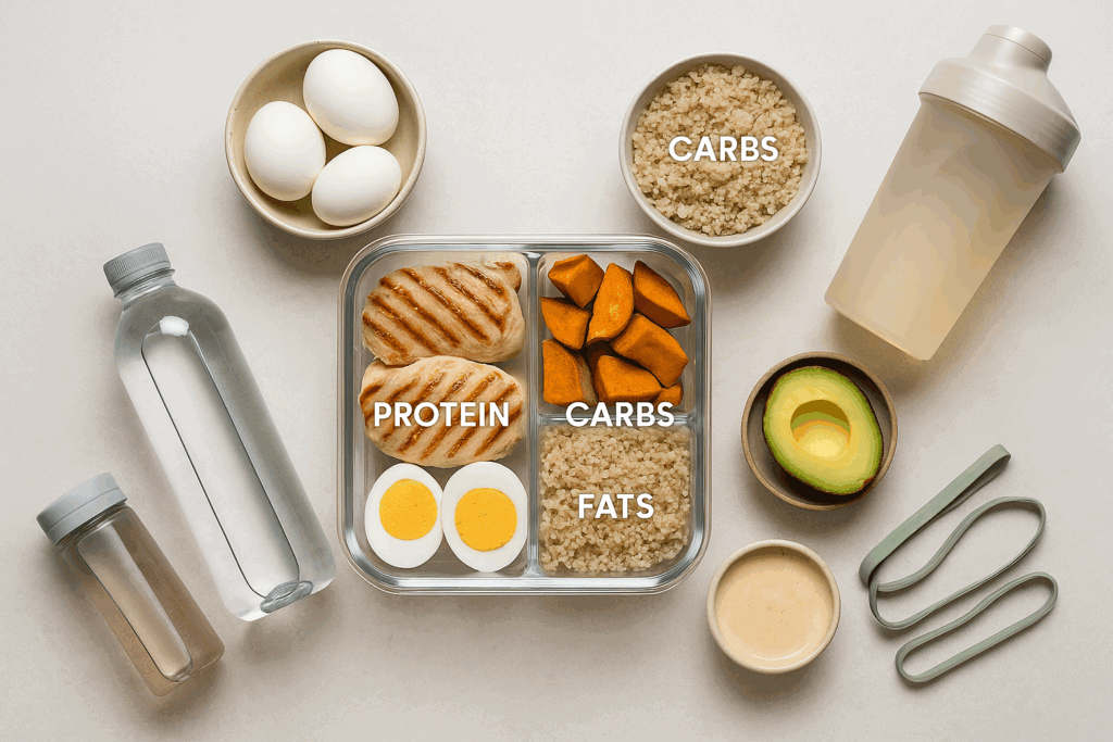 Flat lay of nutritious meal prep, hydration tools, and recovery gear supporting the lifestyle of a guy exercising for strength and endurance.