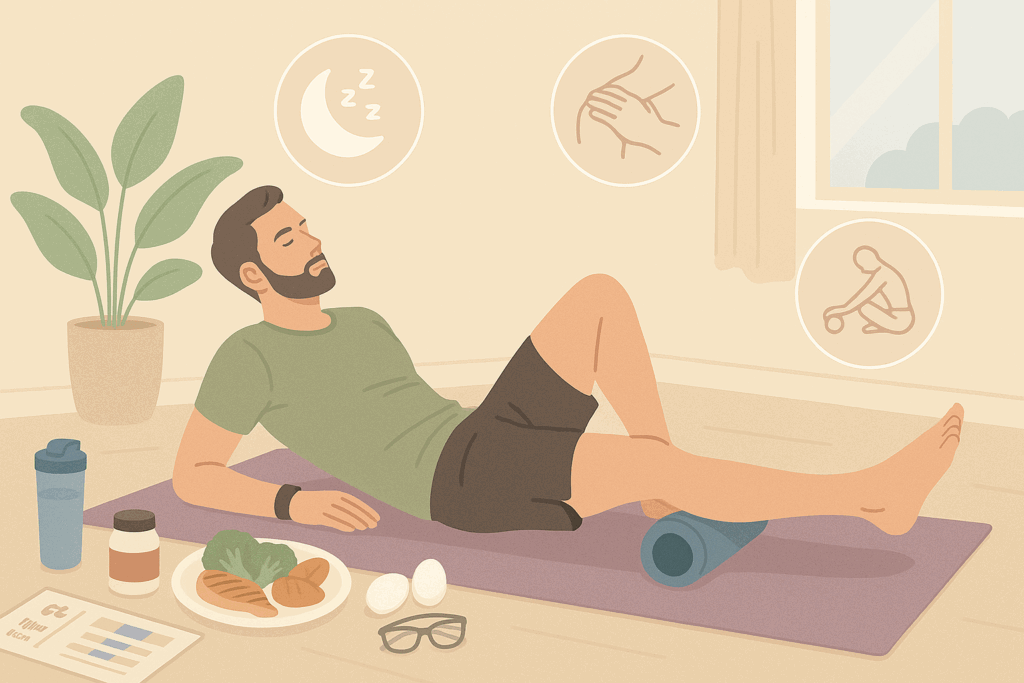 Guy exercising with a foam roller on a yoga mat in a bright room, surrounded by icons for sleep, massage, and stretching for recovery.
