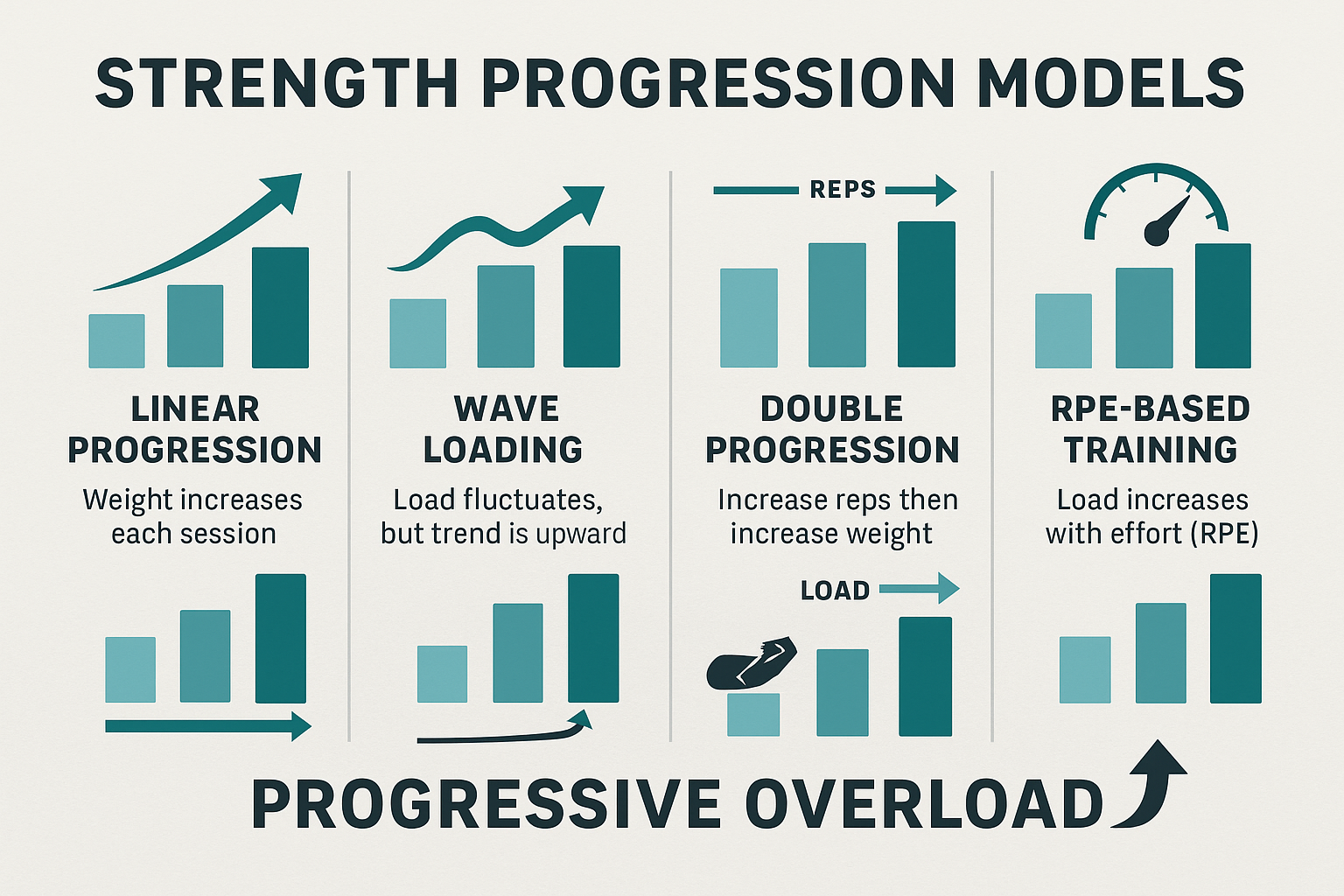 Infographic comparing strength progression models for a guy exercising, including linear, wave loading, double progression, and RPE-based training.