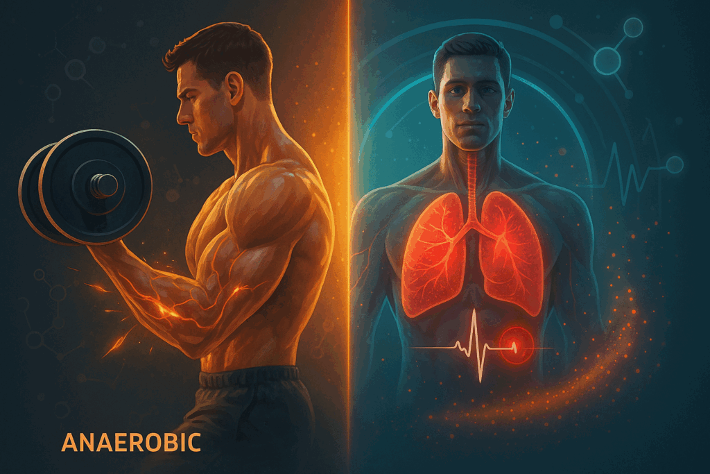Split-screen concept of a man lifting weights and engaging cardiovascular activity, illustrating circuit training for men.