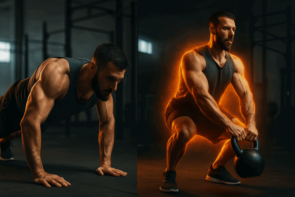 Man performing burpees and kettlebell swings with glowing heat effect to illustrate fat-burning circuit training for men.