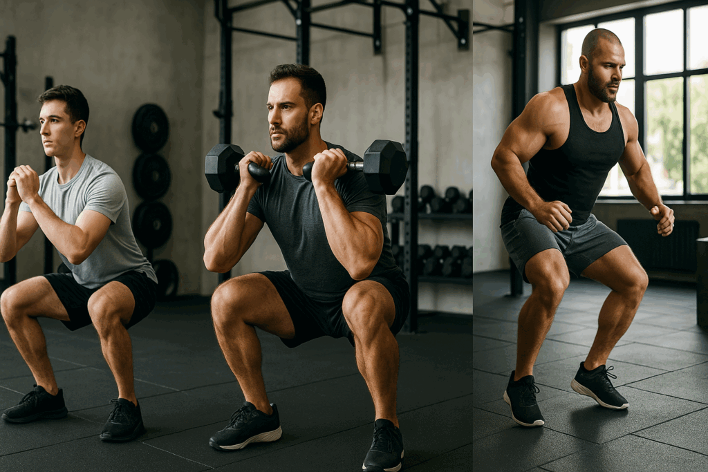 Three men at beginner, intermediate, and advanced levels performing squats with increasing difficulty in circuit training for men.