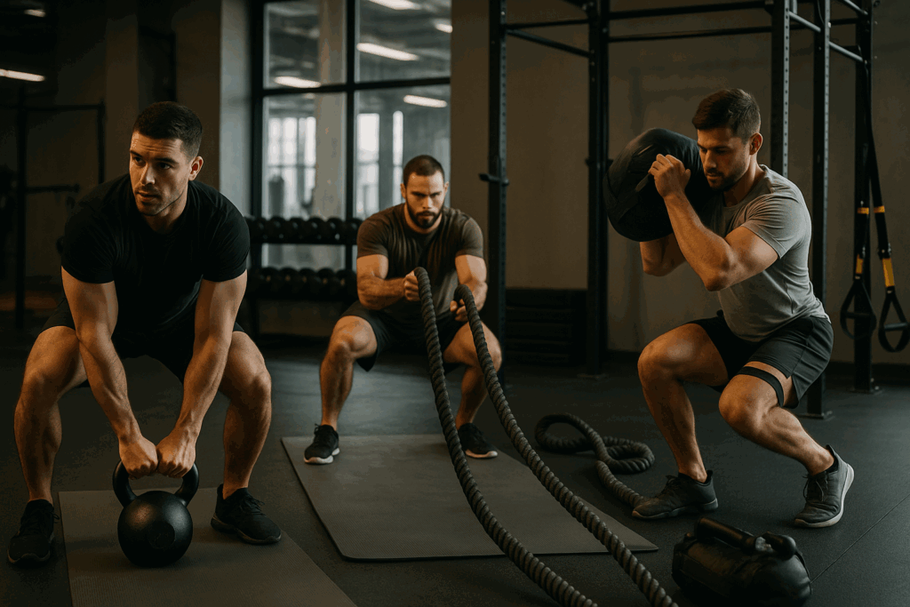 Three men using kettlebells, battle ropes, and sandbags in a gym, demonstrating functional circuit training for men.