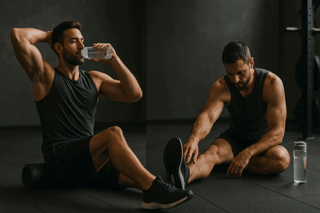 Man recovering after circuit training for men, performing foam rolling, stretching, and hydrating in a quiet gym corner.