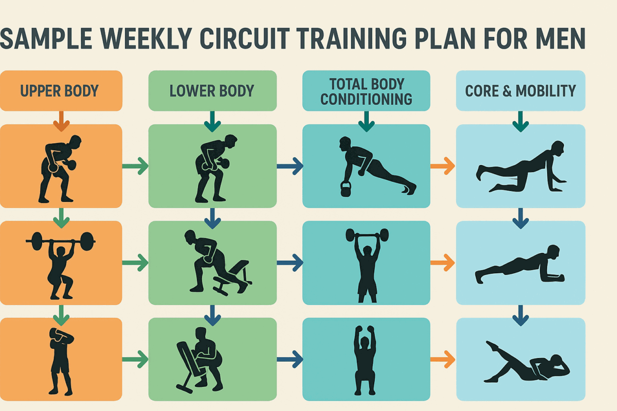 Infographic showing a four-day weekly plan of circuit training for men with illustrated exercises for upper body, lower body, total body conditioning, and core mobility.