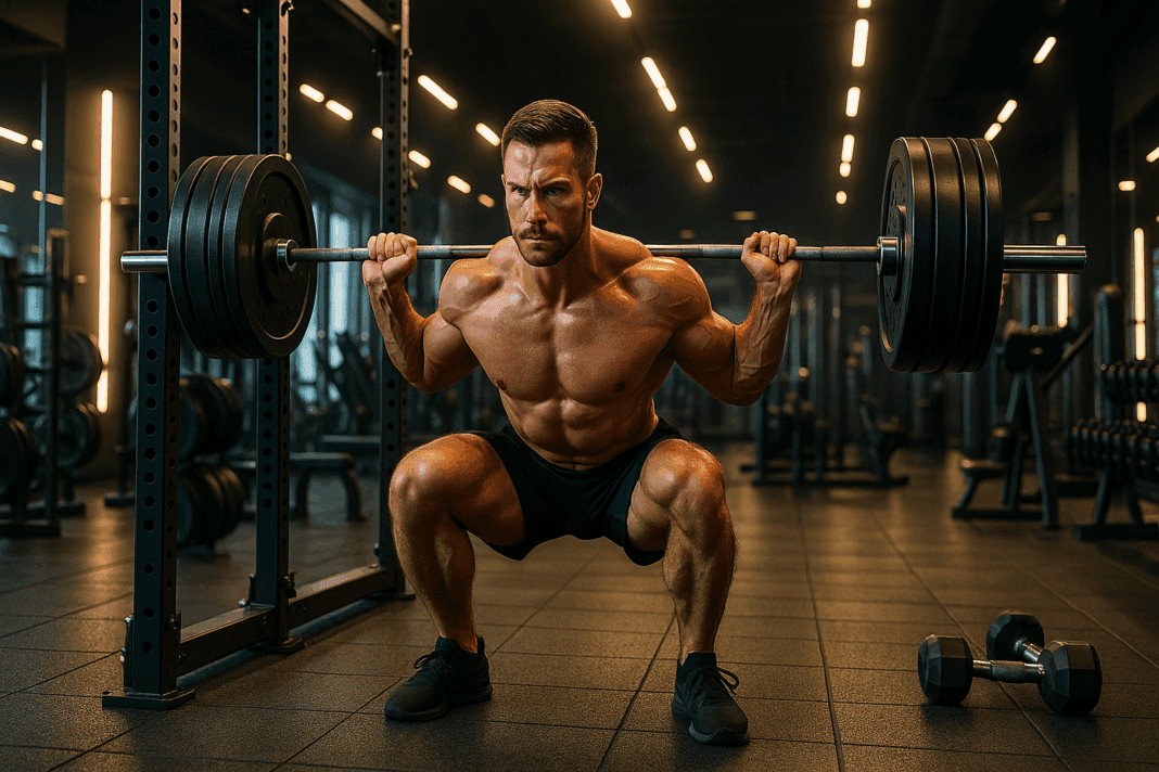 Muscular man performing heavy barbell squat in modern gym with dynamic lighting, symbolizing fitness guys strength.