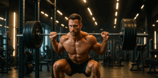 Muscular man performing heavy barbell squat in modern gym with dynamic lighting, symbolizing fitness guys strength.