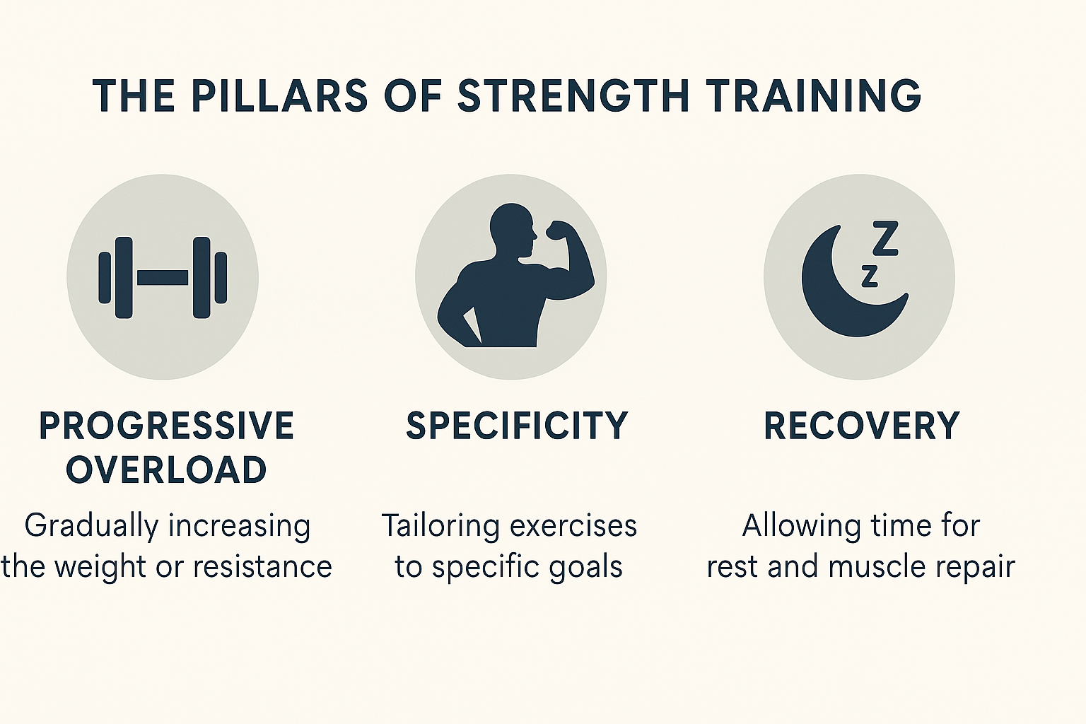 Infographic highlighting progressive overload, specificity, and recovery as core training pillars for fitness guys.