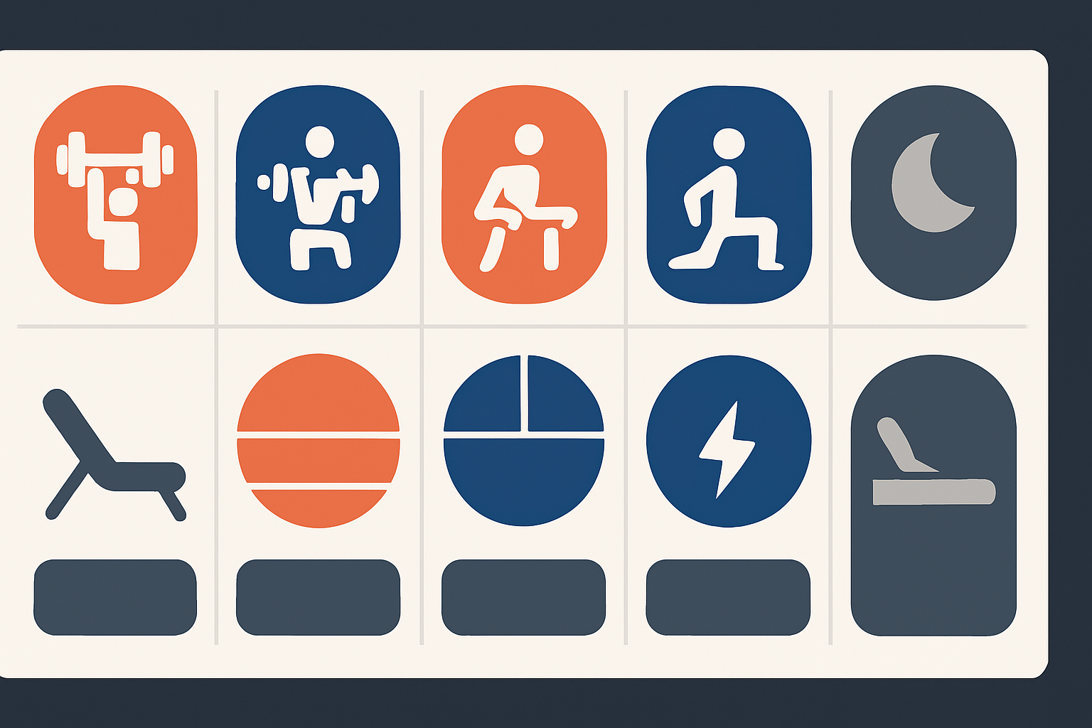 Modern weekly workout split calendar with icons for strength, rest, and intensity zones designed for fitness guys.