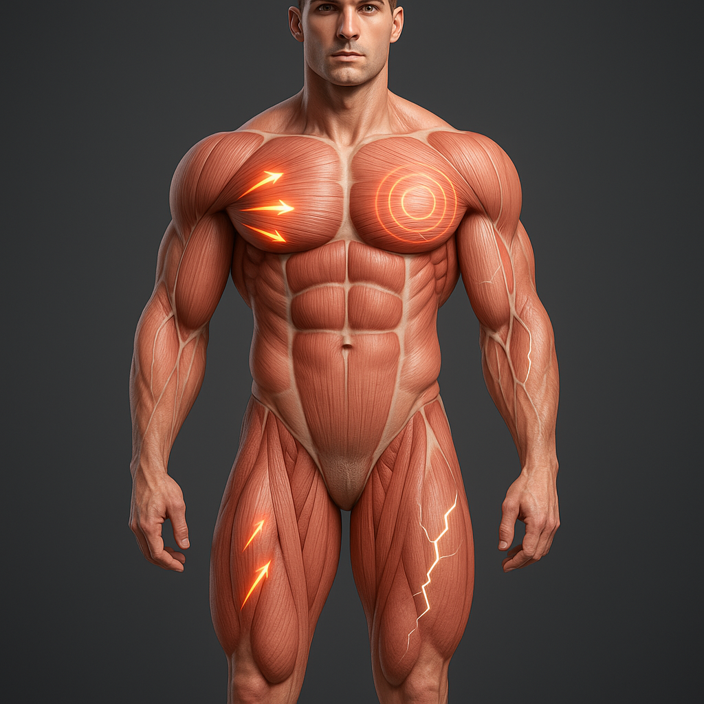 Muscle anatomy diagram with visual overlays showing hypertrophy mechanisms for fitness guys including tension and damage cues.