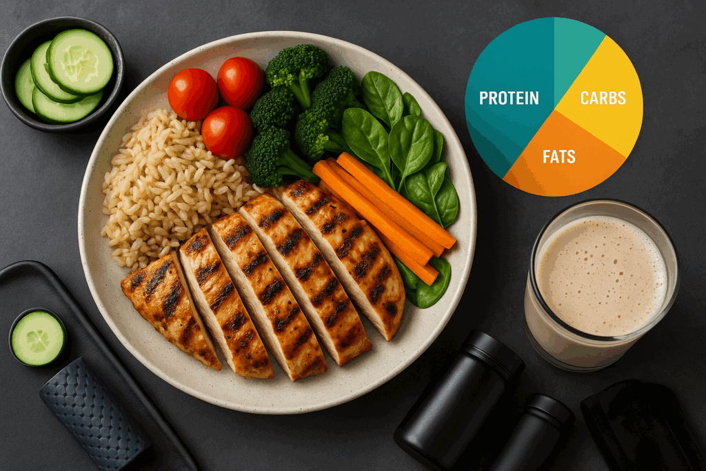 High-protein, balanced meal with grilled chicken, brown rice, vegetables, and a protein shake designed for fitness guys.