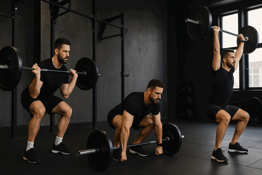 Fitness guys demonstrating compound lifts—squat, deadlift, and overhead press—in a gym, emphasizing strength and proper form.