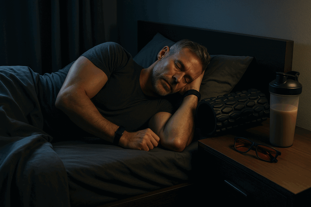 Fit man sleeping with a foam roller, protein shake, and blue-light glasses on his nightstand, showcasing recovery habits of fitness guys.