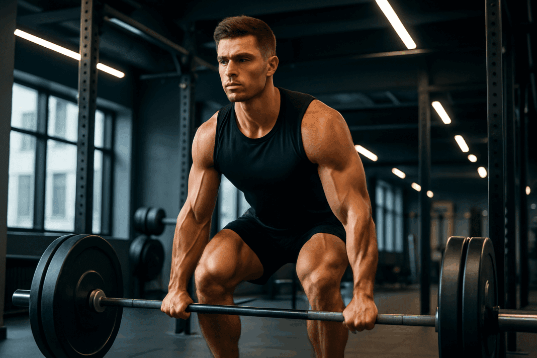 The Ultimate Strength Blueprint to Build a Powerful and Toned Physique Male Athletes Will Be Proud Of_01 Athletic man performing a deadlift in a modern gym, showcasing a focused expression and a toned physique male body.