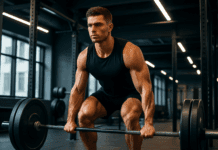 The Ultimate Strength Blueprint to Build a Powerful and Toned Physique Male Athletes Will Be Proud Of Athletic man performing a deadlift in a modern gym, showcasing a focused expression and a toned physique male body.
