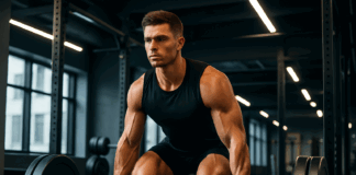 Athletic man performing a deadlift in a modern gym, showcasing a focused expression and a toned physique male body.
