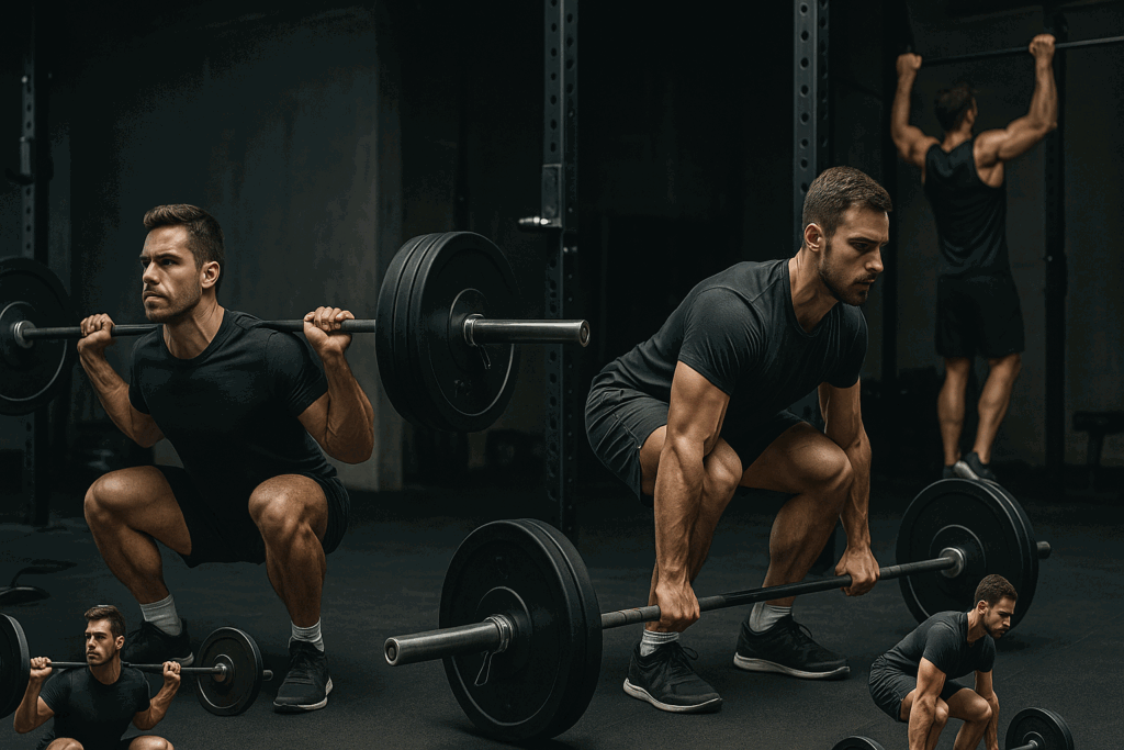 Composite gym scene showing a toned physique male performing squat, deadlift, bench press, and pull-up with proper form and muscle engagement.